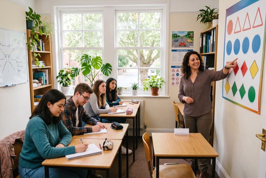 Instructor teaching road signs to a small classroom of new drivers
