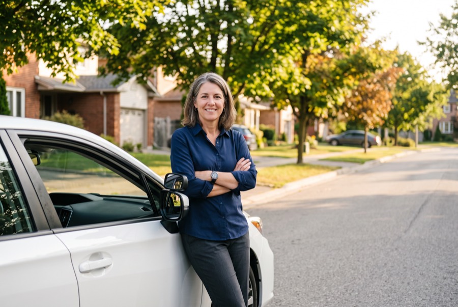 Driving instructor standing beside a training car on a residential street