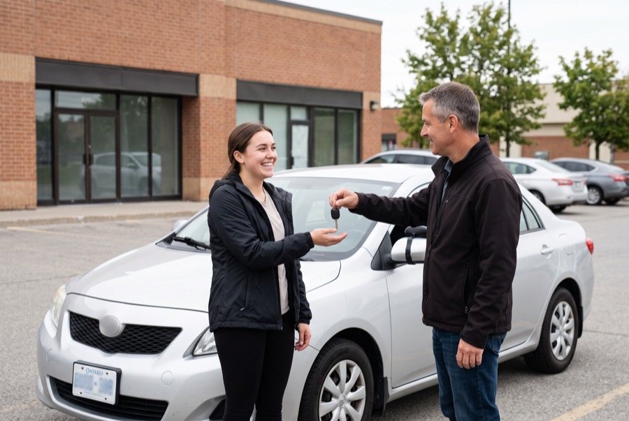 Instructor handing car keys to a student outside a test centre