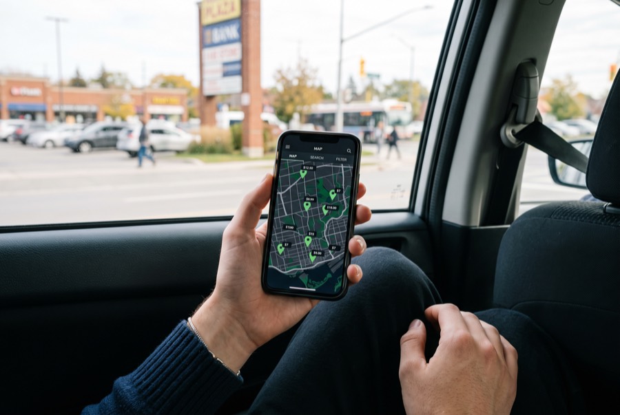 Hand holding a phone showing instructor locations on a map