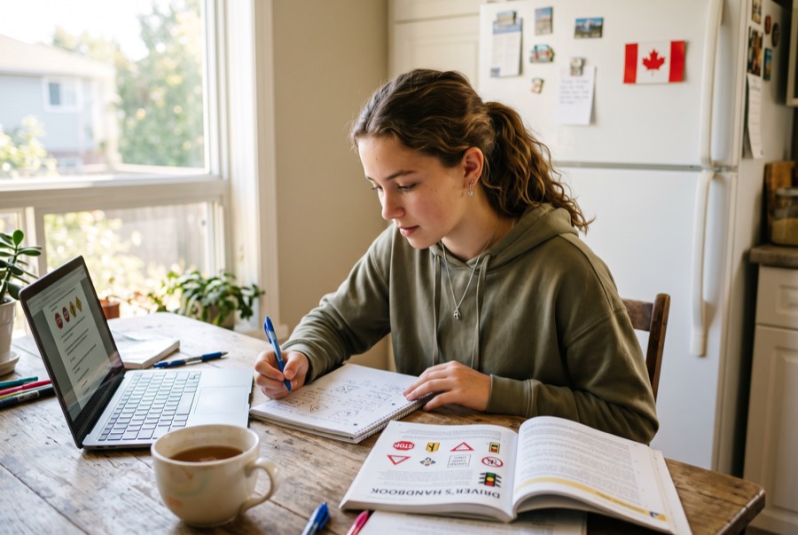 Teenager studying the driver's handbook at a kitchen table