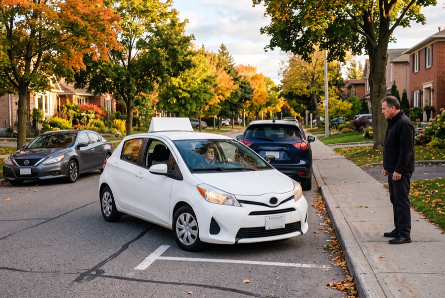 Learner parallel parking a driving-school car on a residential street