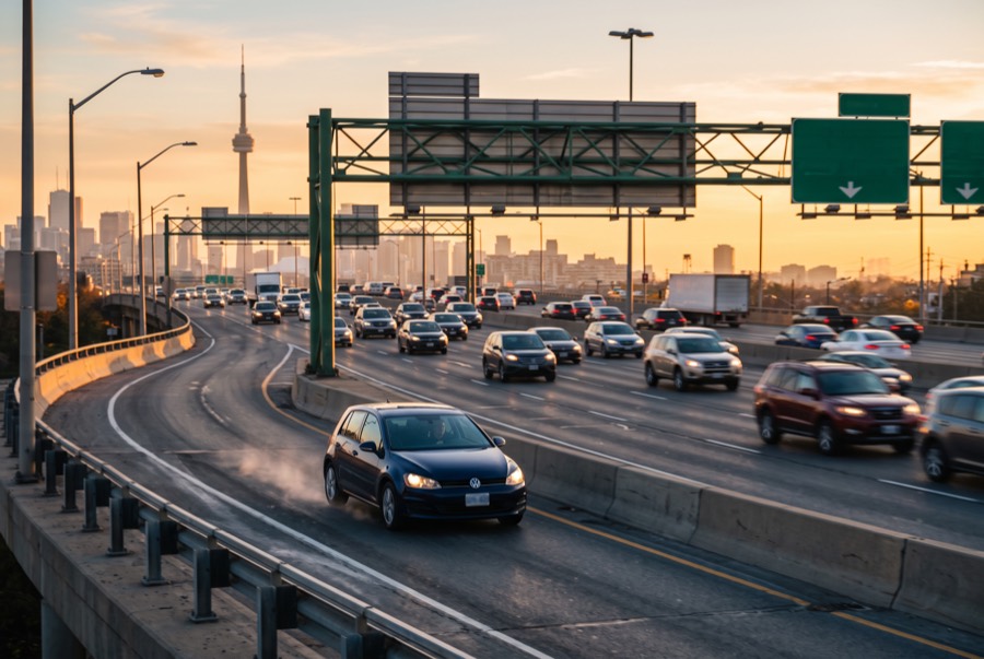 Car merging onto a busy Toronto highway at golden hour