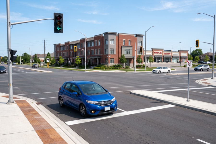 Compact car waiting in a left-turn lane at a Brampton intersection