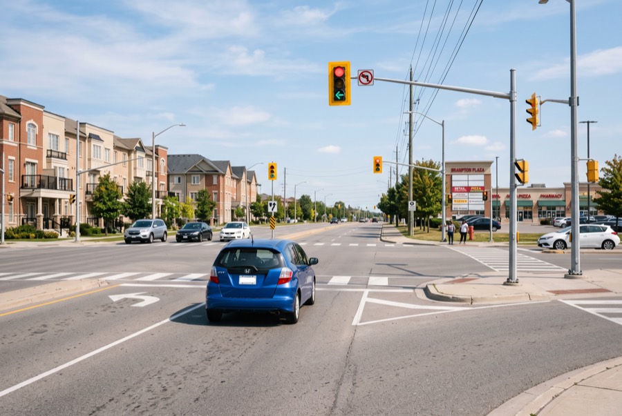 Compact car waiting in a left-turn lane at a Brampton intersection