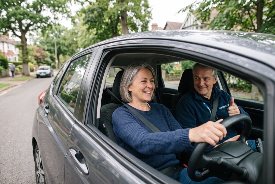 Smiling adult driver at the wheel with a reassuring instructor beside her
